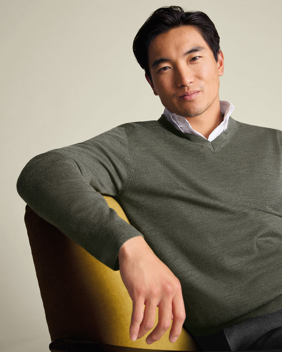 Pure Merino V-Neck Sweater - Olive Green