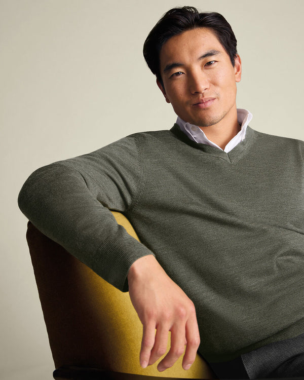 Pure Merino V-Neck Sweater - Olive Green