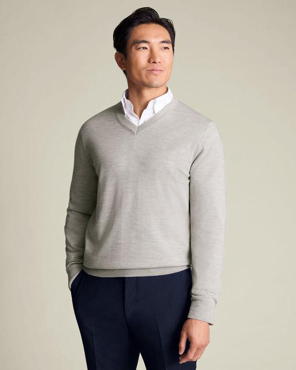 Pure Merino V-Neck Sweater - Silver Gray