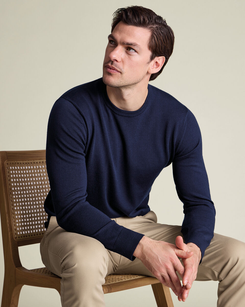 Pure Merino Crew Neck Sweater - Navy