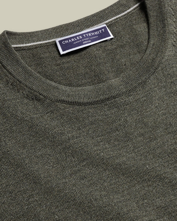 Pure Merino Crew Neck Sweater - Olive Green