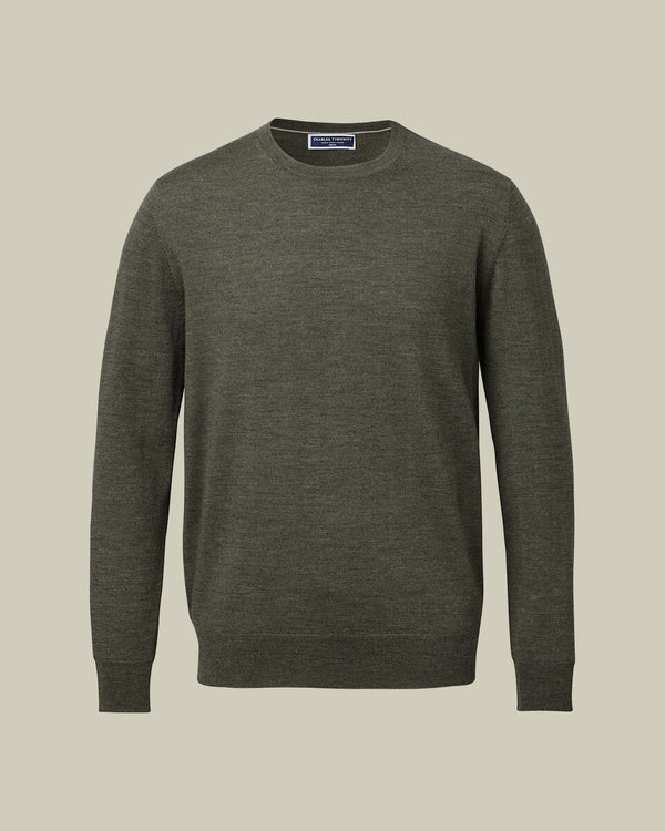 Pure Merino Crew Neck Sweater - Olive Green