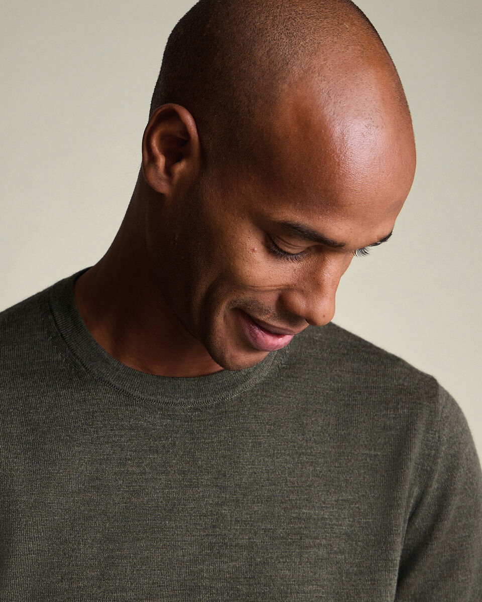 Pure Merino Crew Neck Sweater - Olive Green