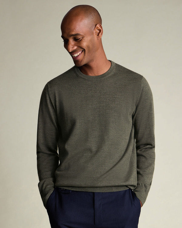 Pure Merino Crew Neck Sweater - Olive Green