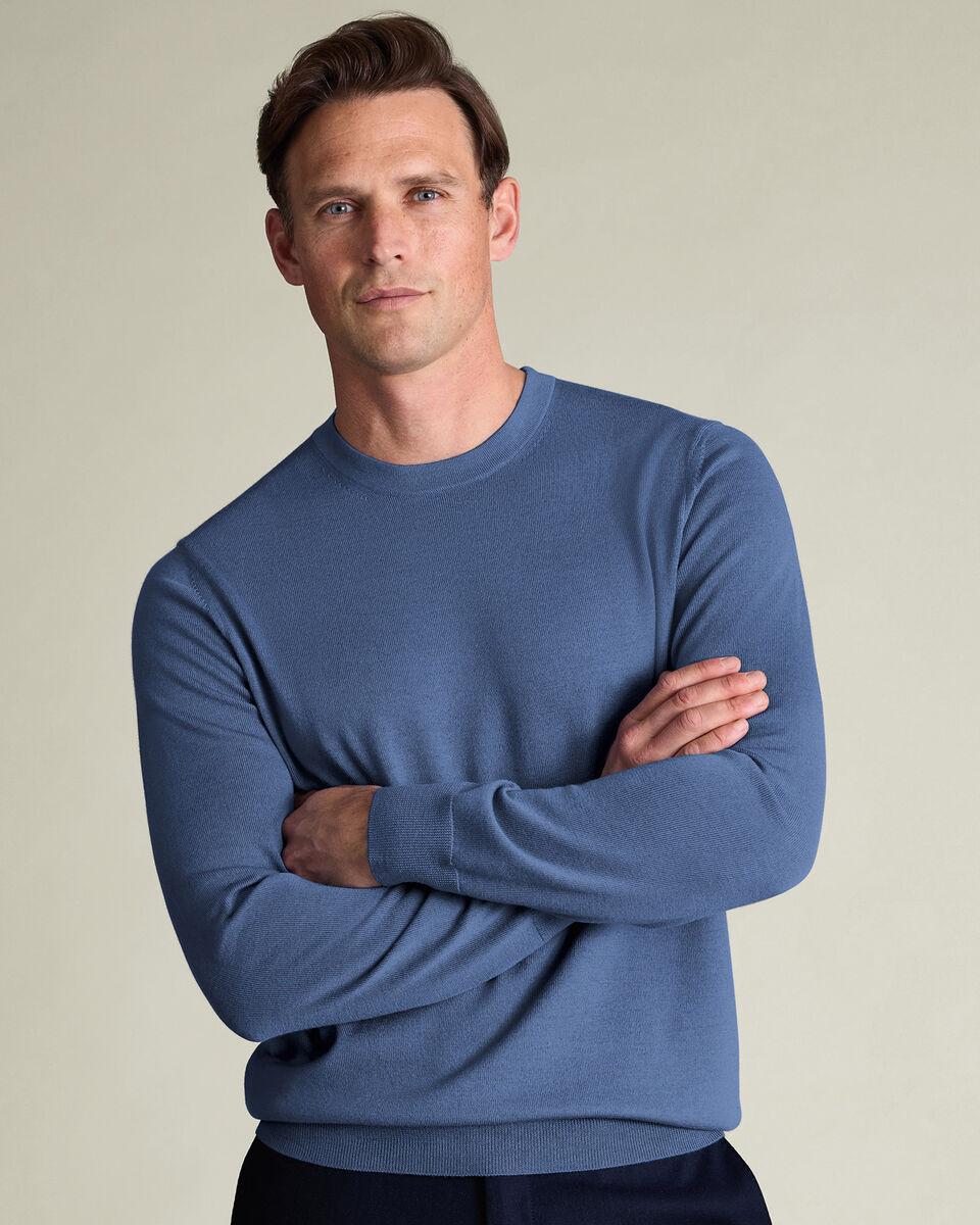 Pure Merino Crew Neck Sweater - Steel Blue