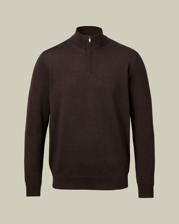 Pure Merino Quarter Zip Sweater - Chocolate Brown