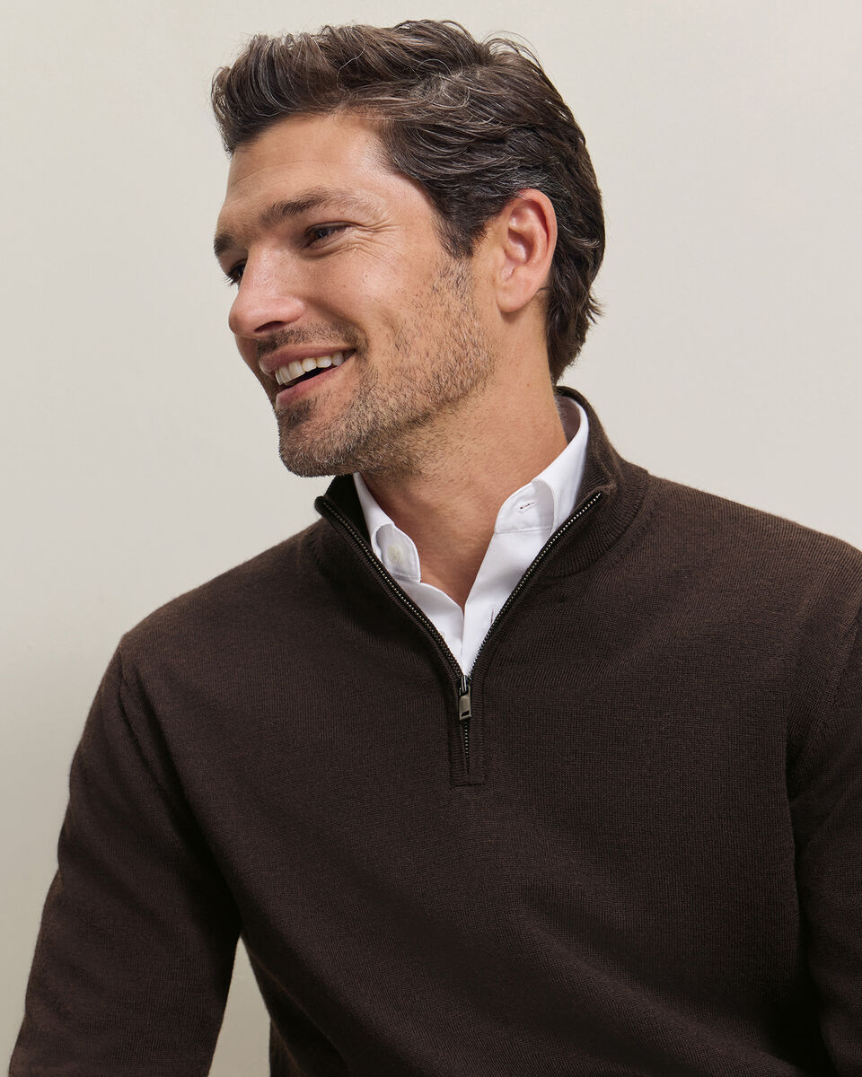 Pure Merino Quarter Zip Sweater - Chocolate Brown