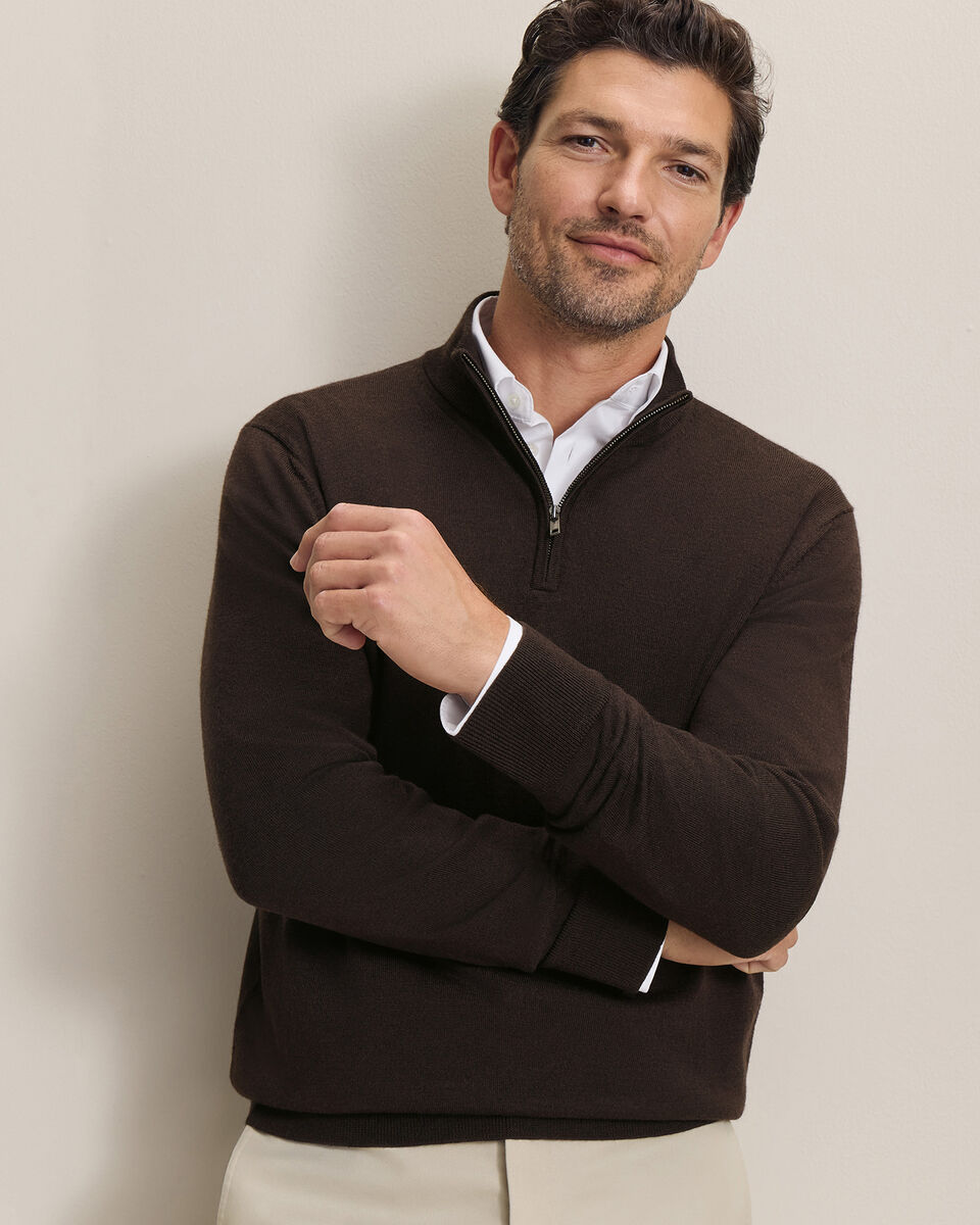 Pure Merino Quarter Zip Sweater - Chocolate Brown