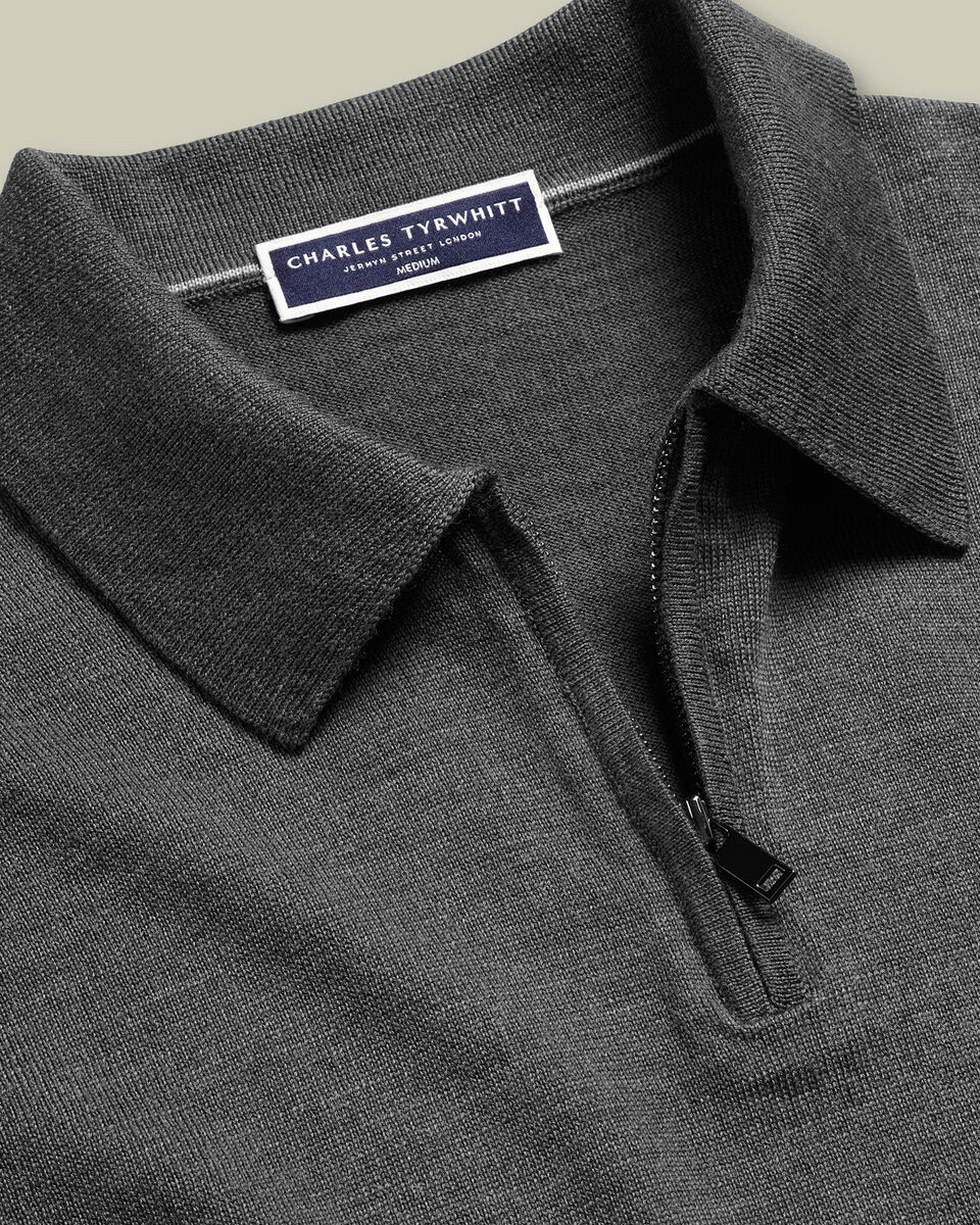 Pure Merino Wool Quarter Zip Polo - Gray