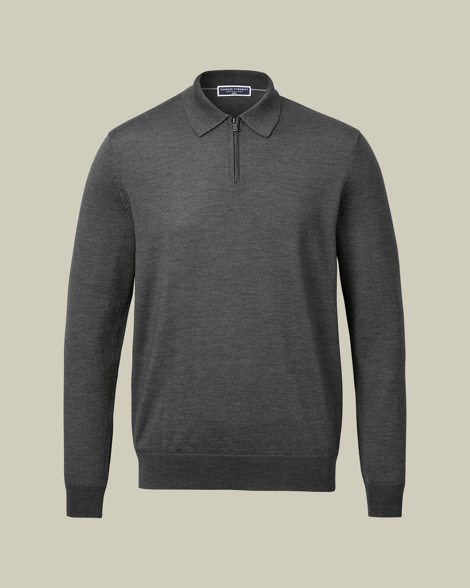 Pure Merino Wool Quarter Zip Polo - Gray