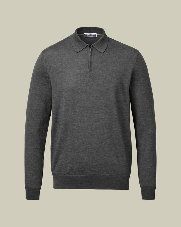 Pure Merino Wool Quarter Zip Polo - Gray