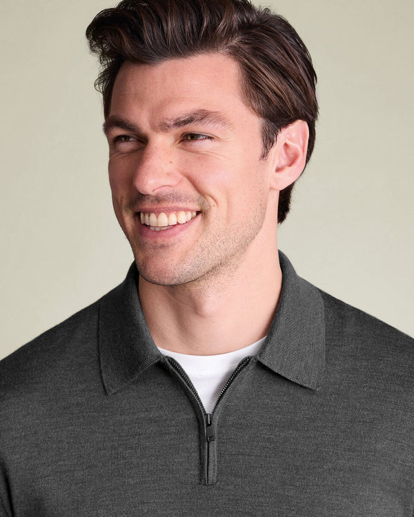 Pure Merino Wool Quarter Zip Polo - Gray