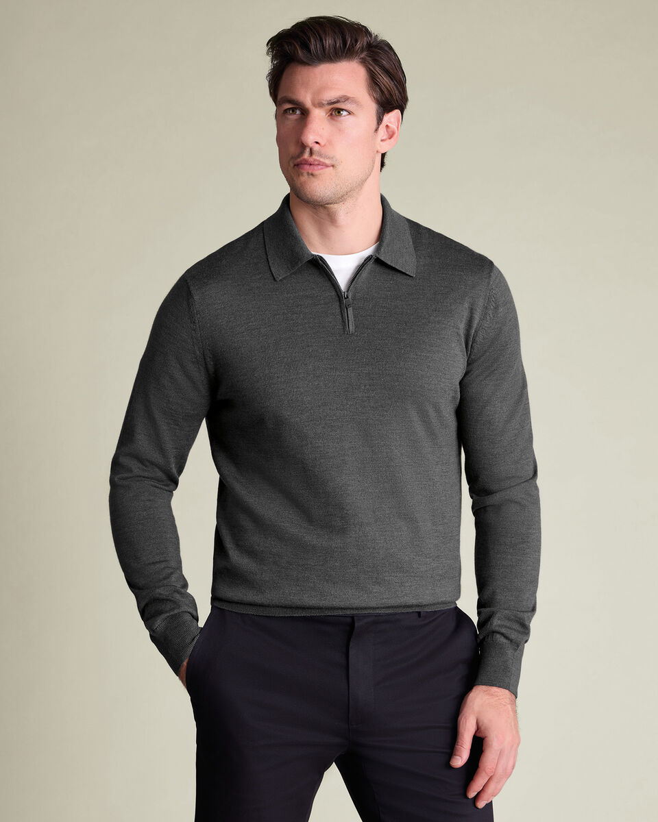 Pure Merino Wool Quarter Zip Polo - Gray Main image