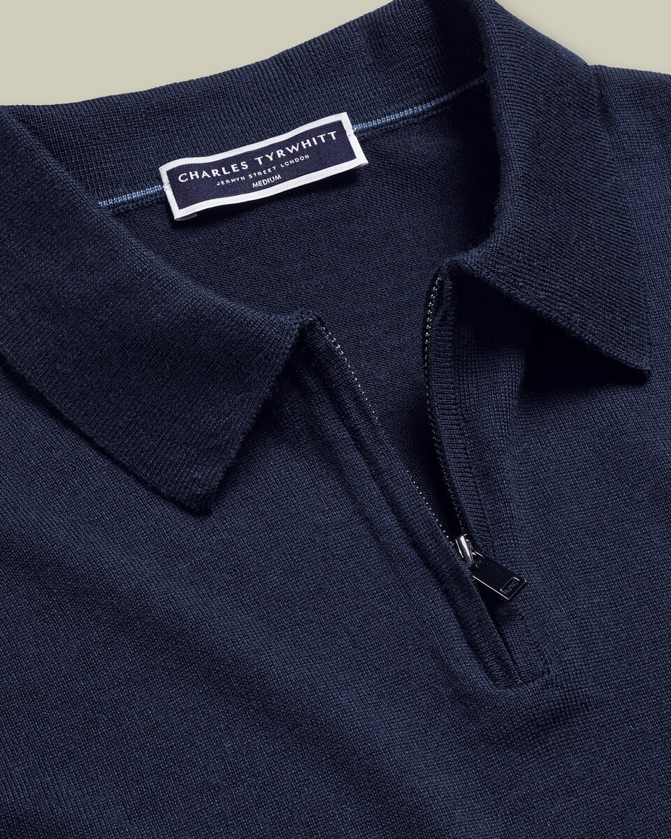 Pure Merino Wool Quarter Zip Polo - Navy