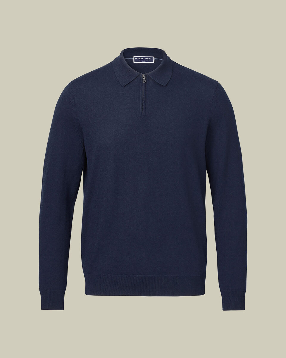 Pure Merino Wool Quarter Zip Polo - Navy