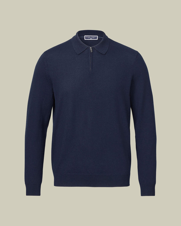 Pure Merino Wool Quarter Zip Polo - Navy