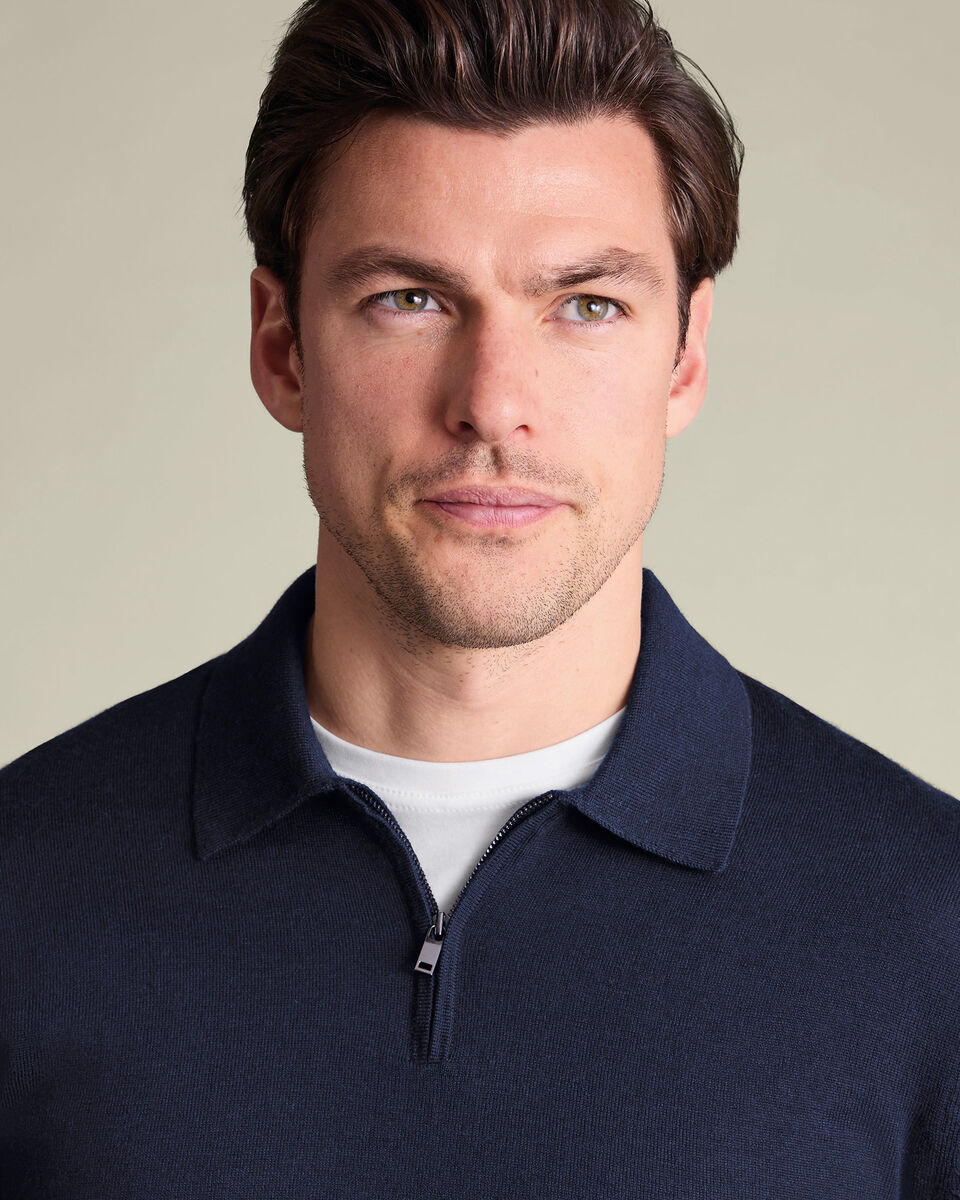 Pure Merino Wool Quarter Zip Polo - Navy
