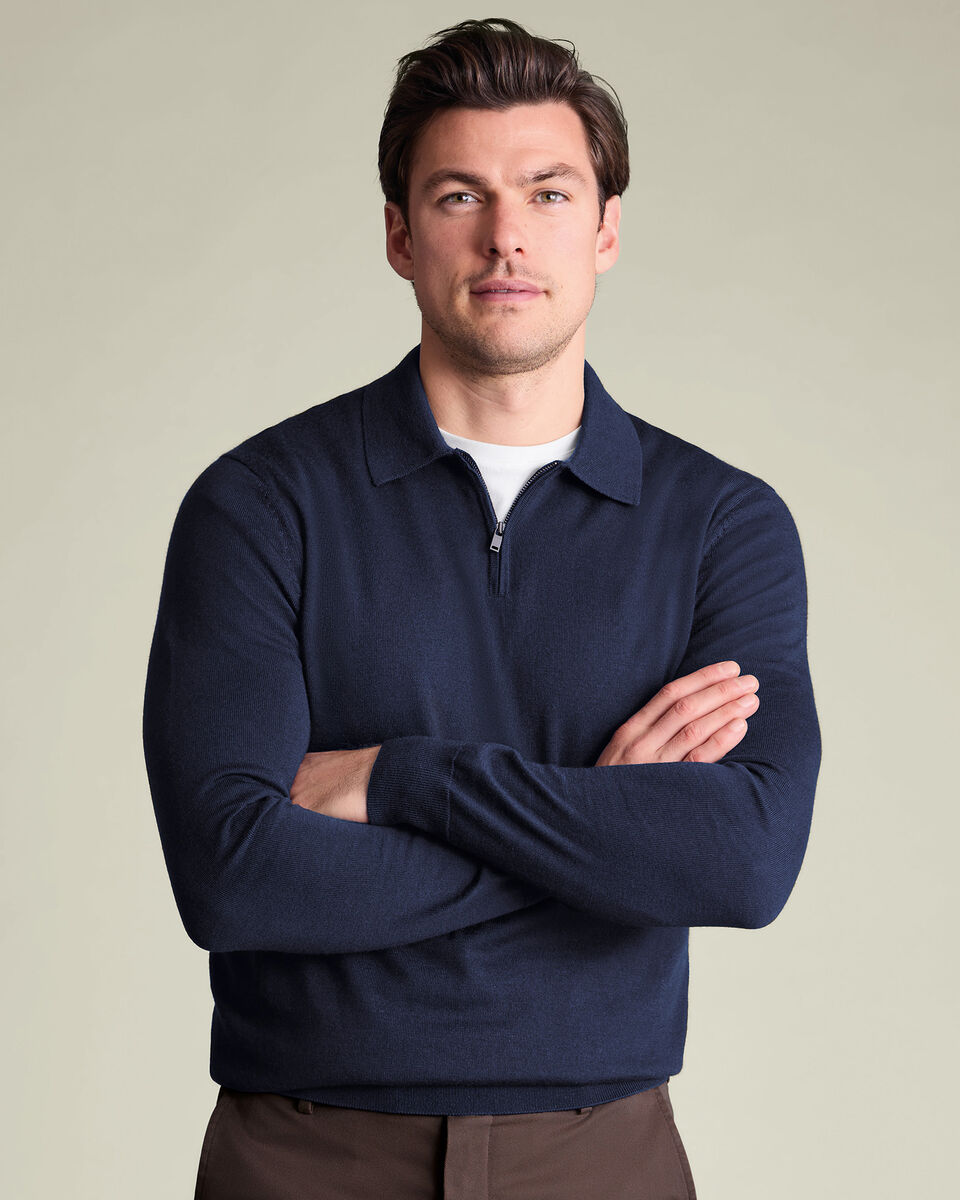 Pure Merino Wool Quarter Zip Polo - Navy Main image