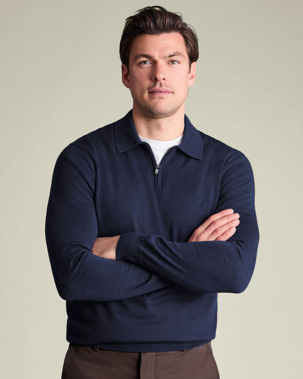 Pure Merino Wool Quarter Zip Polo - Navy