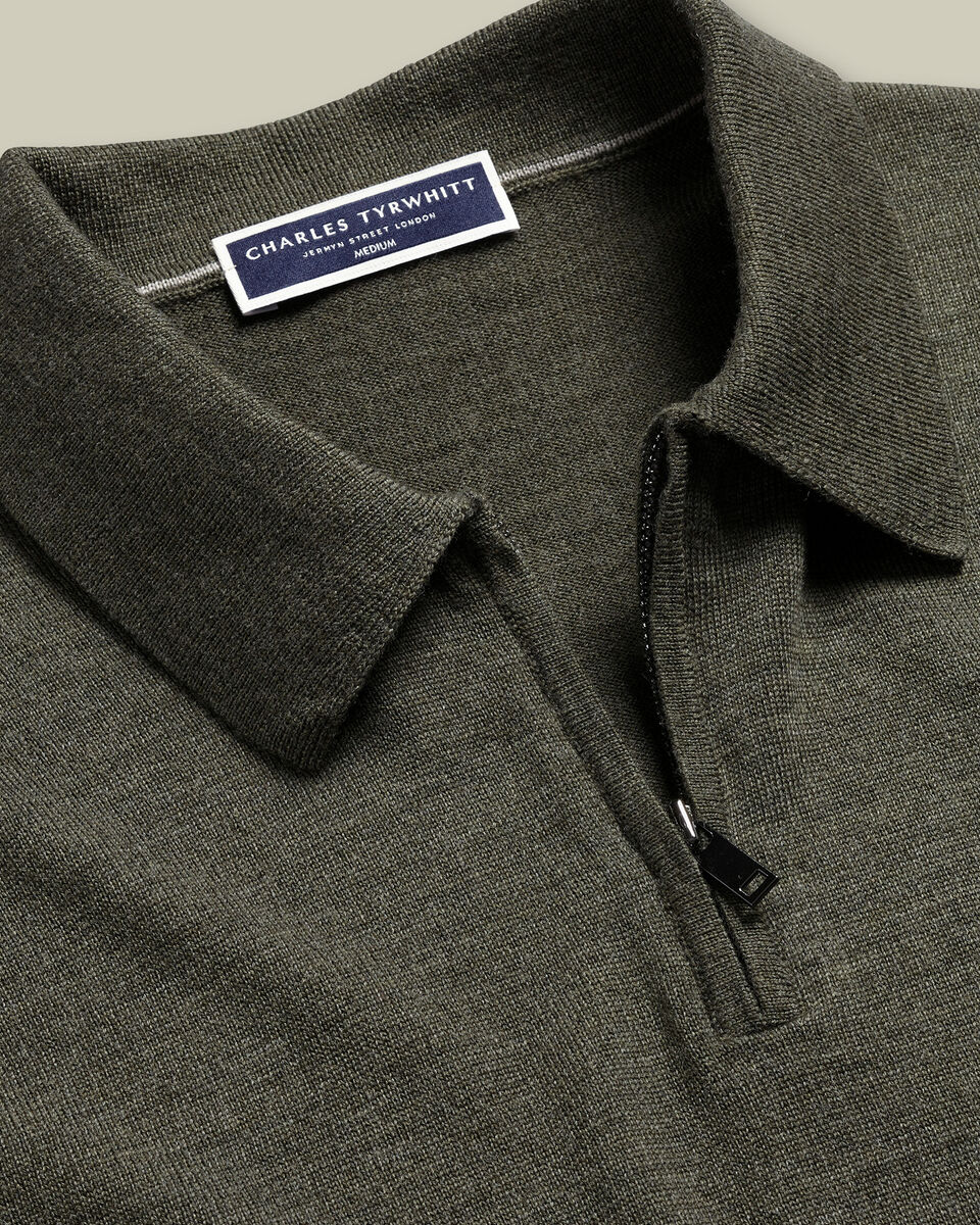 Pure Merino Wool Quarter Zip Polo - Olive Green Secondary image