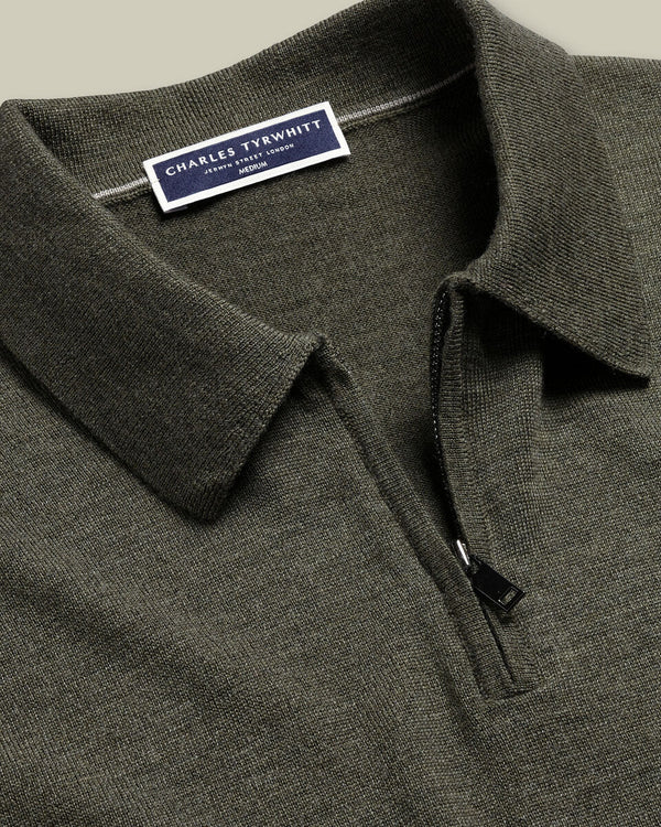 Pure Merino Wool Quarter Zip Polo - Olive Green