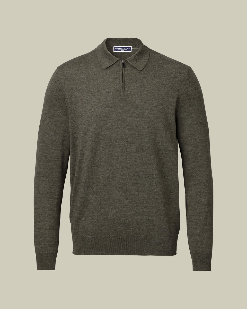 Pure Merino Wool Quarter Zip Polo - Olive Green