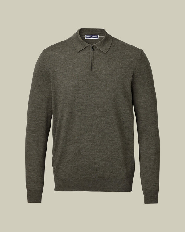 Pure Merino Wool Quarter Zip Polo - Olive Green