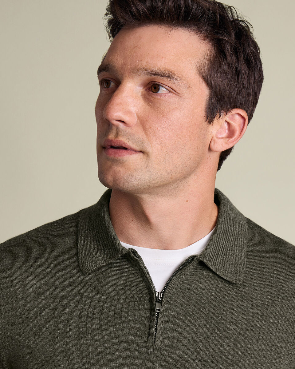 Pure Merino Wool Quarter Zip Polo - Olive Green