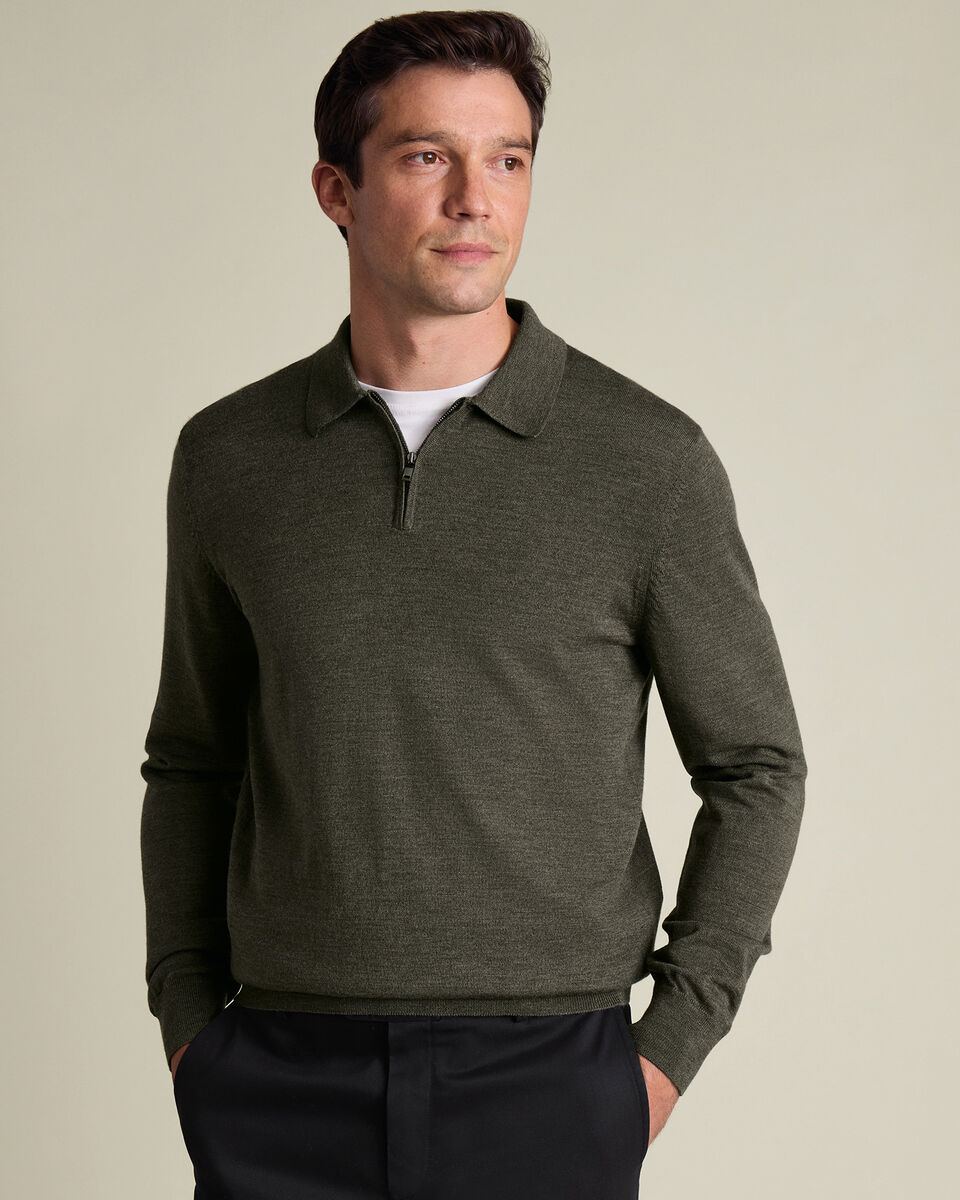 Pure Merino Wool Quarter Zip Polo - Olive Green Main image