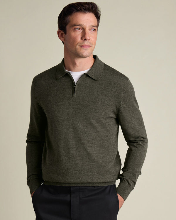 Pure Merino Wool Quarter Zip Polo - Olive Green