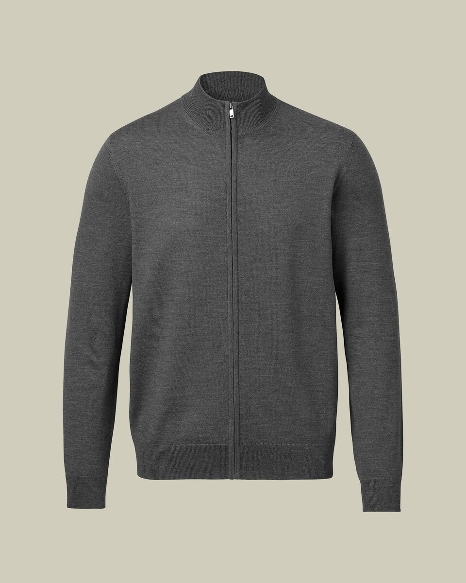 Pure Merino Full Zip Through Cardigan - Gray