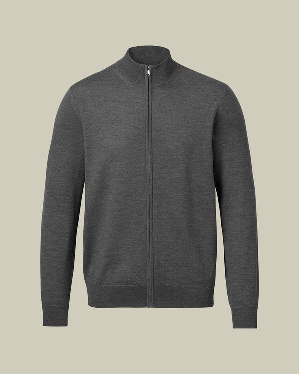 Pure Merino Full Zip Through Cardigan - Gray