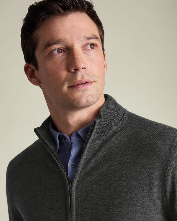 Pure Merino Full Zip Through Cardigan - Gray