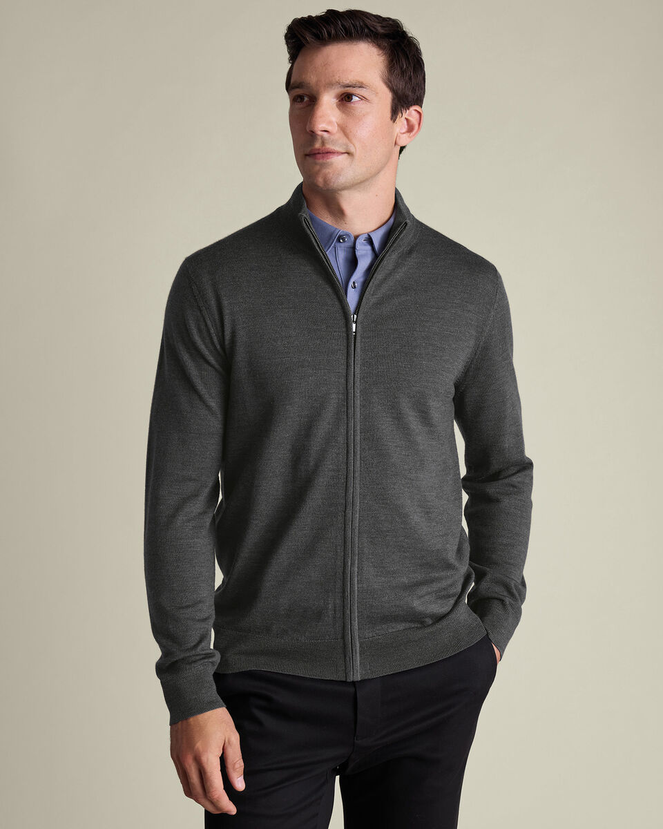 Pure Merino Full Zip Through Cardigan - Gray