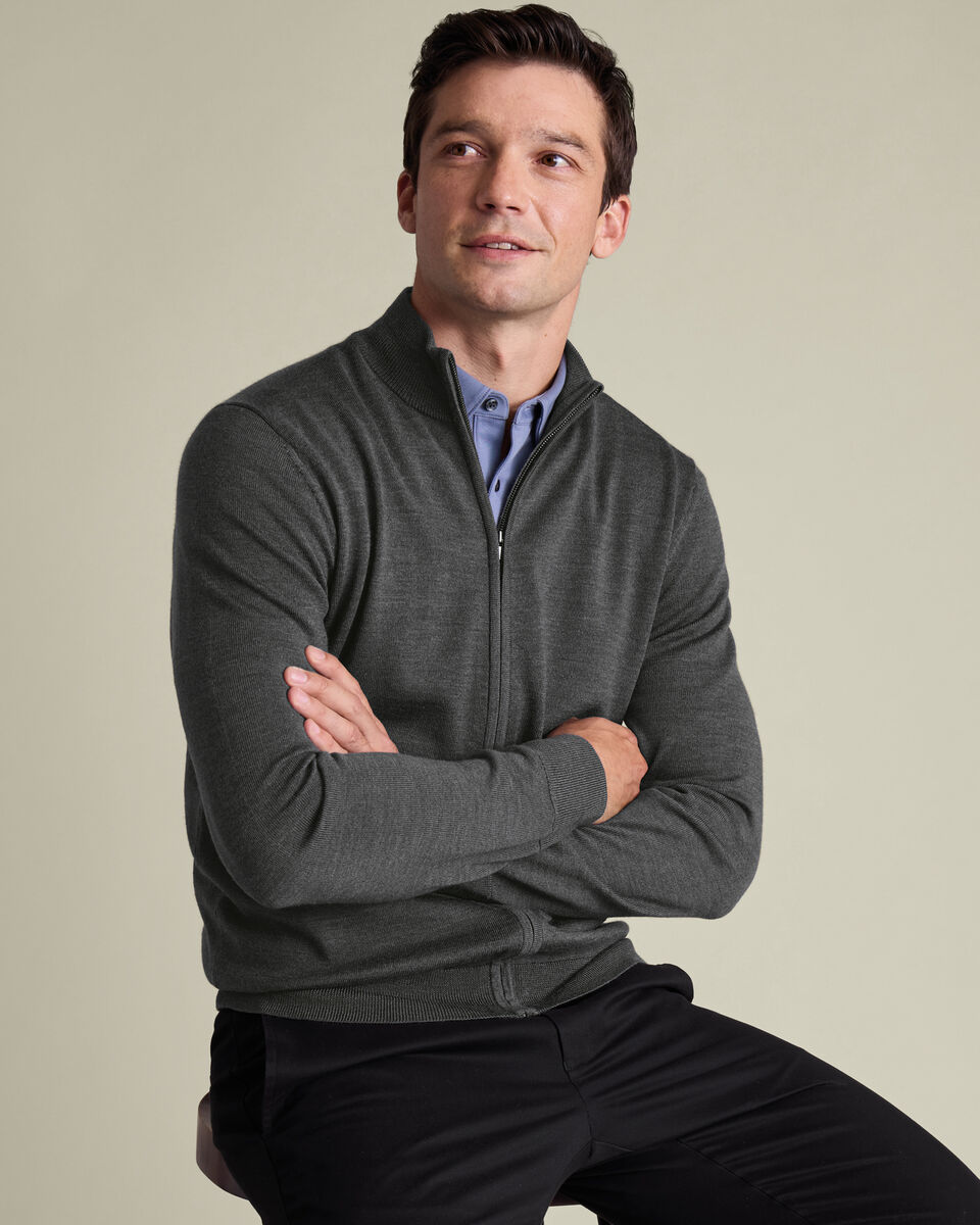 Pure Merino Full Zip Through Cardigan - Gray
