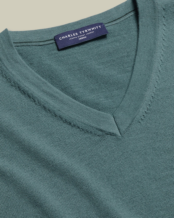 Pure Merino V-Neck Sweater - Teal Green