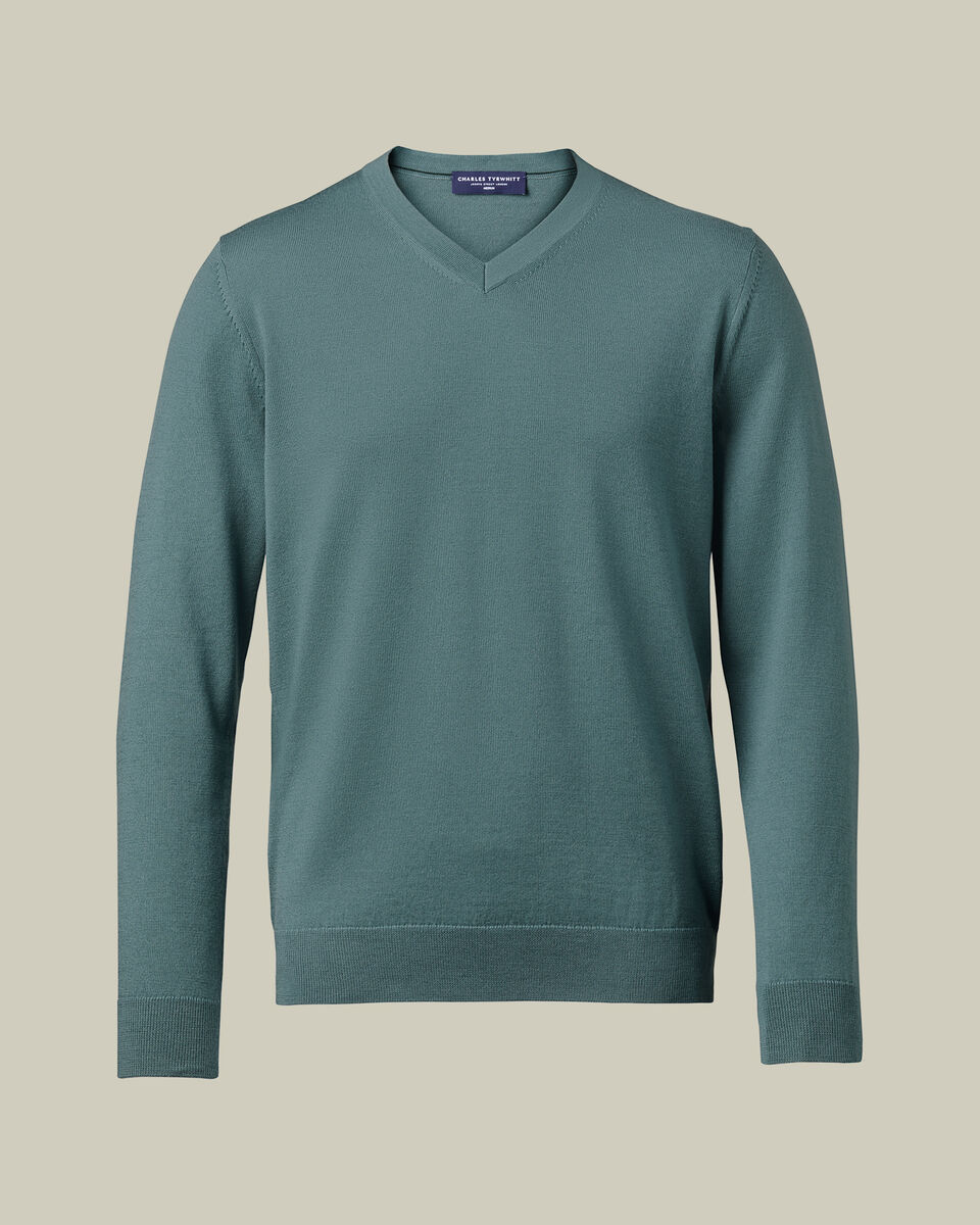 Pure Merino V-Neck Sweater - Teal Green