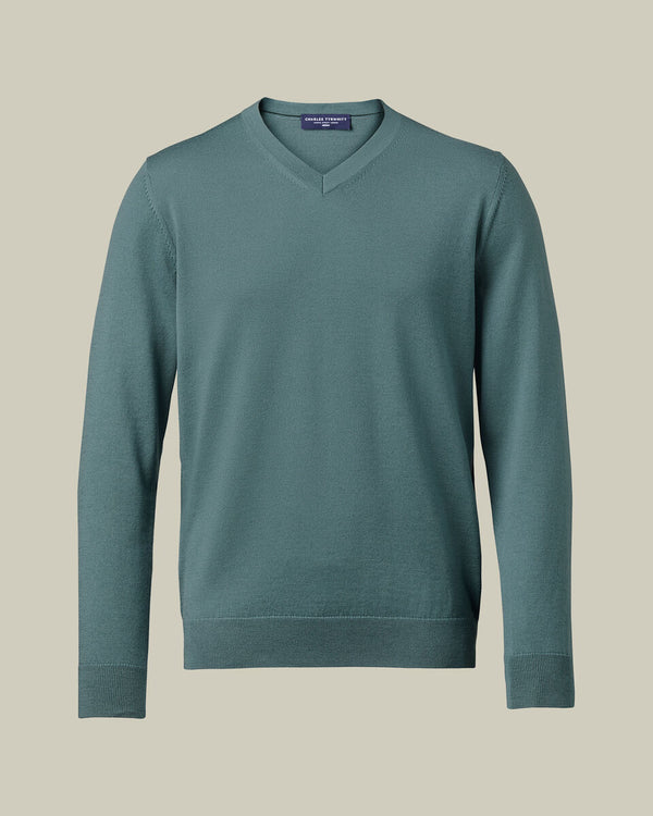 Pure Merino V-Neck Sweater - Teal Green