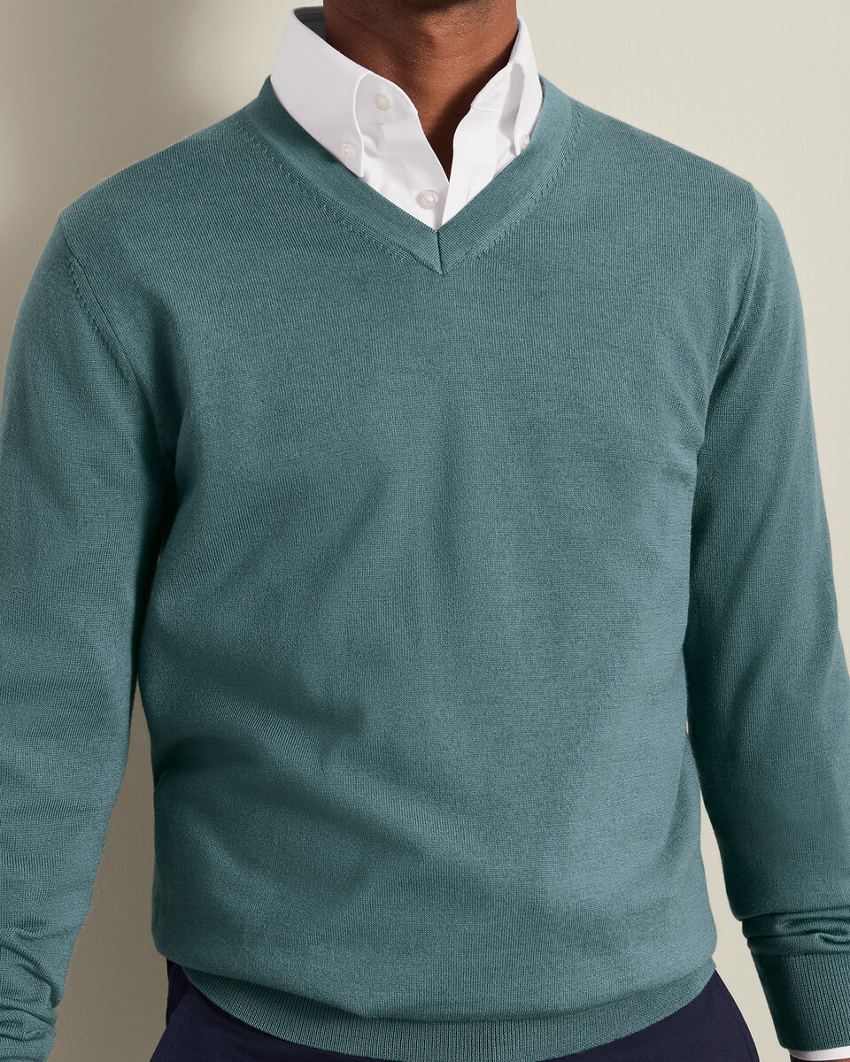 Pure Merino V-Neck Sweater - Teal Green