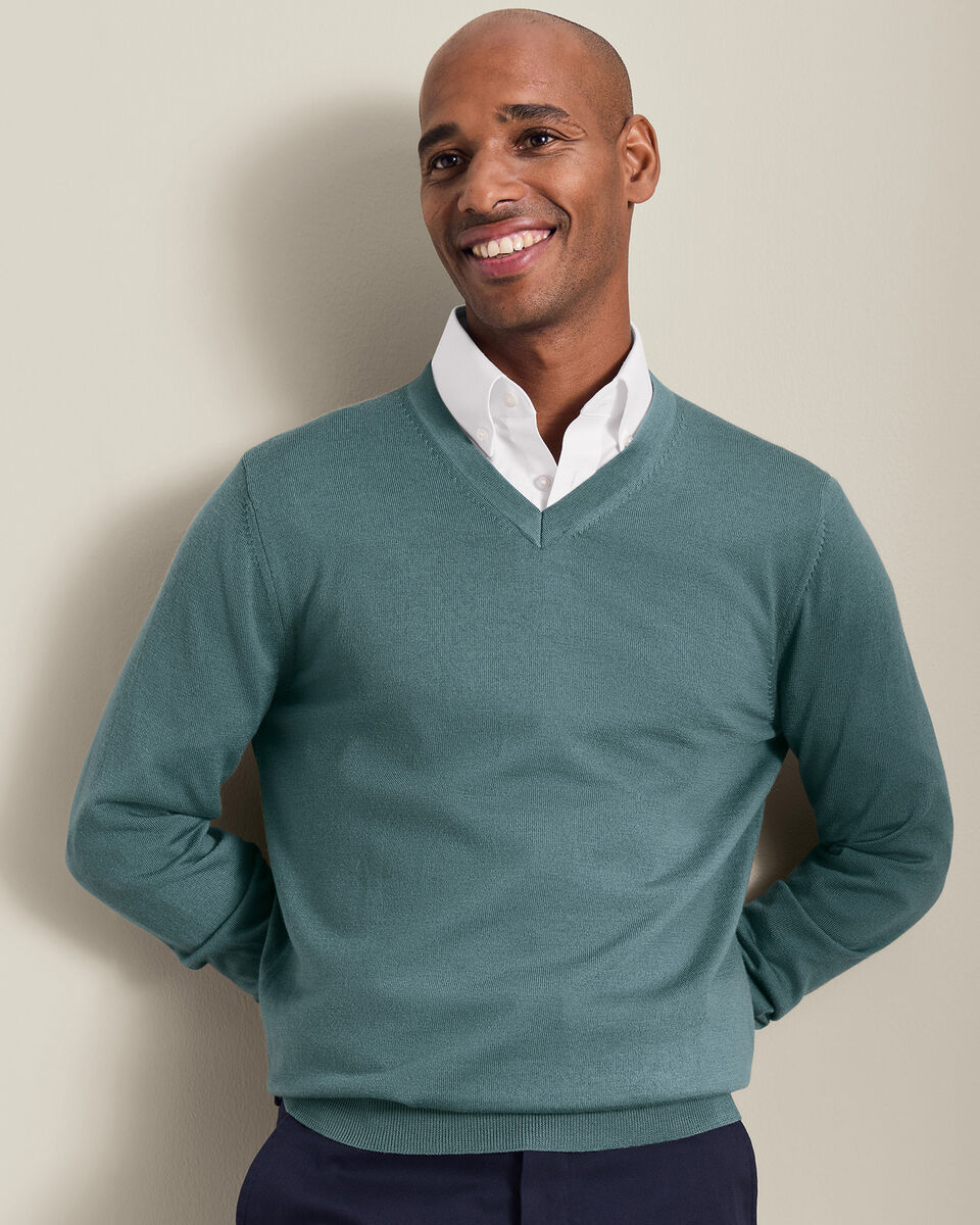 Pure Merino V-Neck Sweater - Teal Green