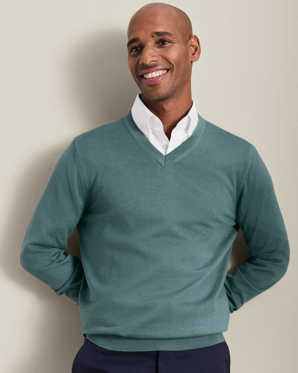Pure Merino V-Neck Sweater - Teal Green