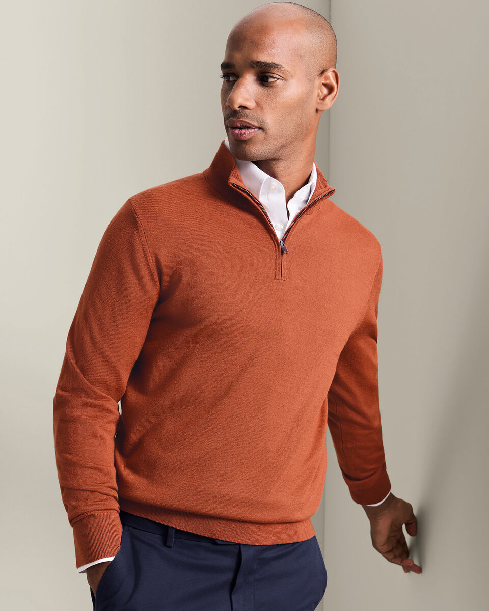 Pure Merino Quarter Zip Sweater - Orange