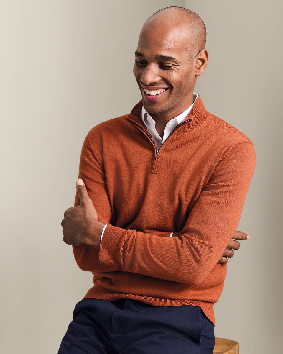 Pure Merino Quarter Zip Sweater - Orange