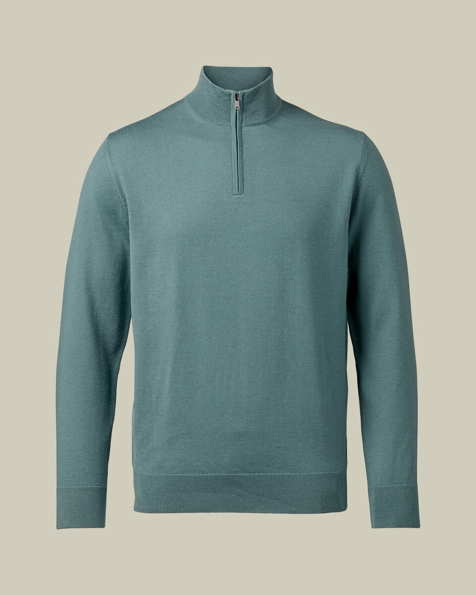 Pure Merino Quarter Zip Sweater - Teal Green