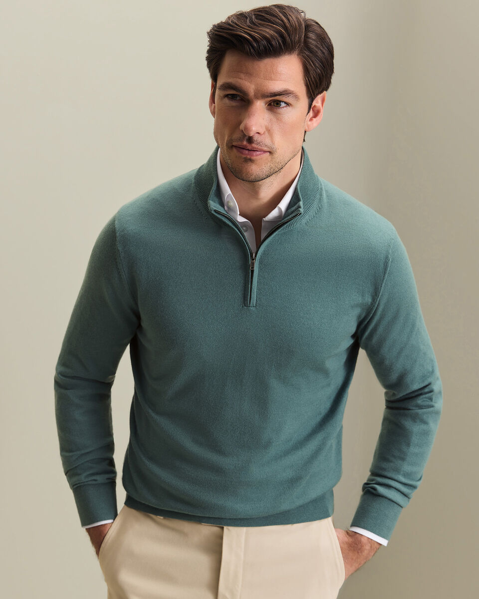 Pure Merino Quarter Zip Sweater - Teal Green Main image