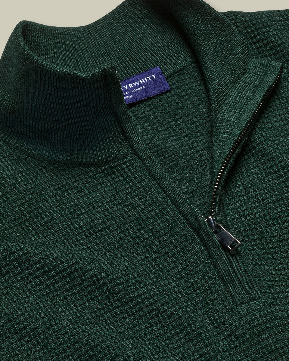 Pure Merino Textured Quarter Zip Sweater - Forest Green
