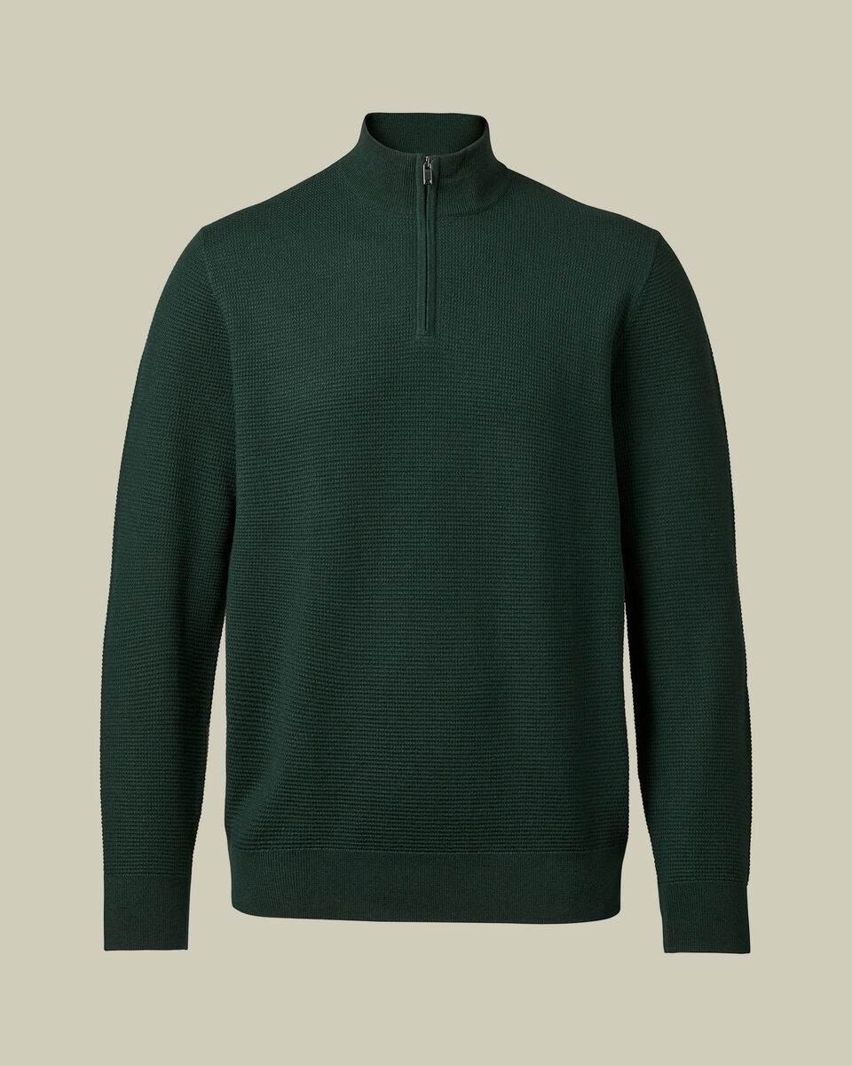 Pure Merino Textured Quarter Zip Sweater - Forest Green