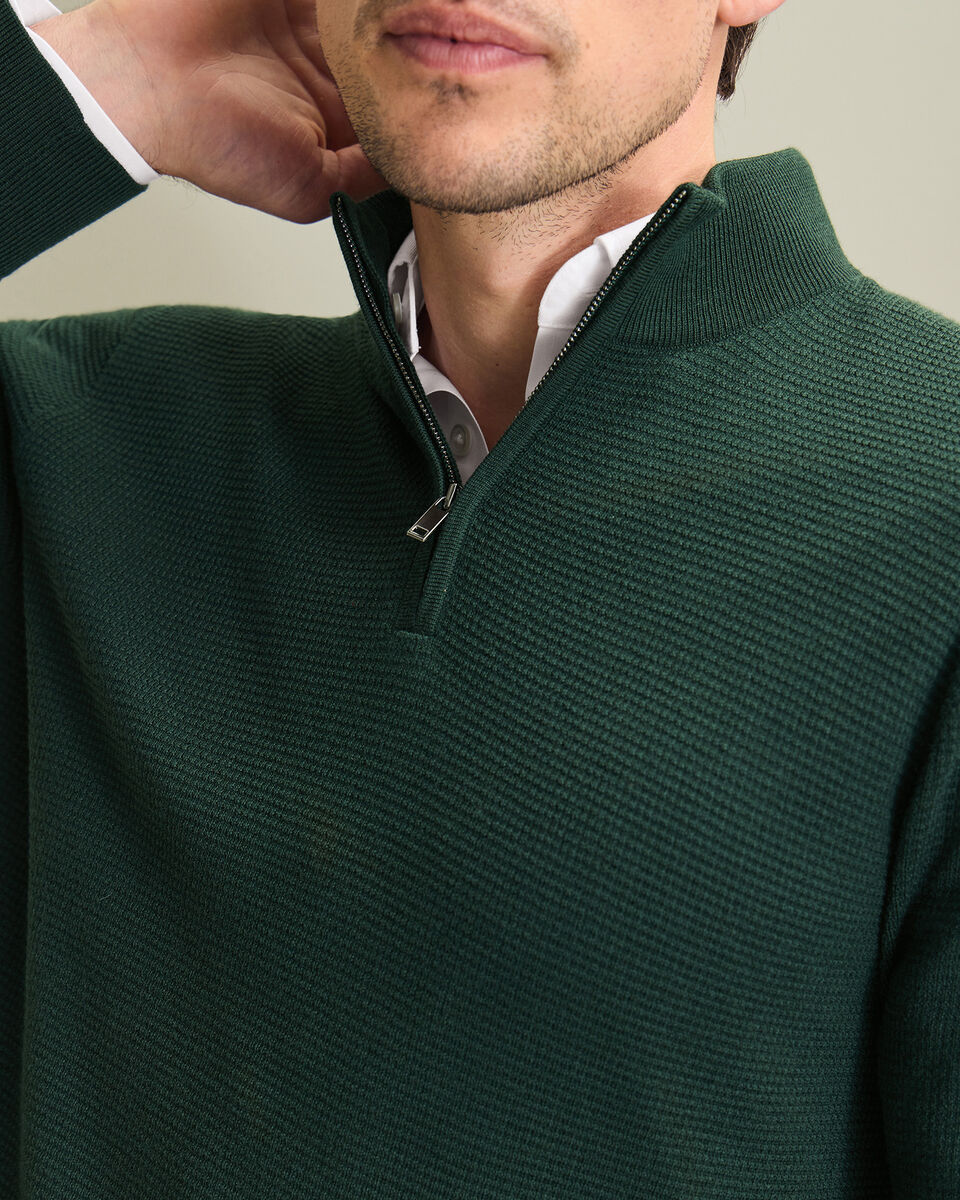 Pure Merino Textured Quarter Zip Sweater - Forest Green