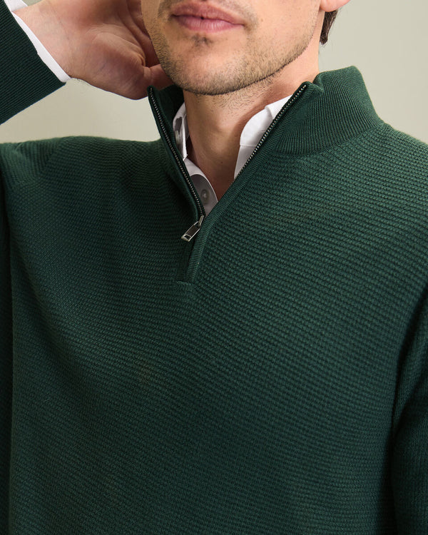 Pure Merino Textured Quarter Zip Sweater - Forest Green