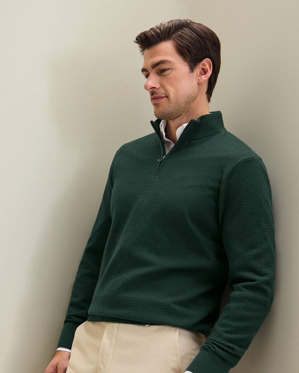 Pure Merino Textured Quarter Zip Sweater - Forest Green